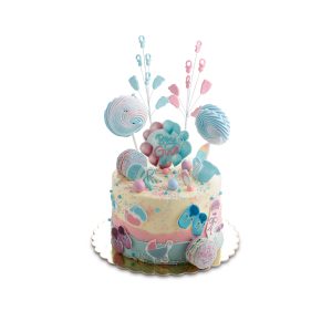 Baba nem választós kerek torta kék és rózsaszín színben. Felvágáskor derül ki a baba neme. A torta tetején girl or boy felirat, cumisüvegek, baba cipők, babakocsi és cumis dekoráció van. Sugarshop design torta.